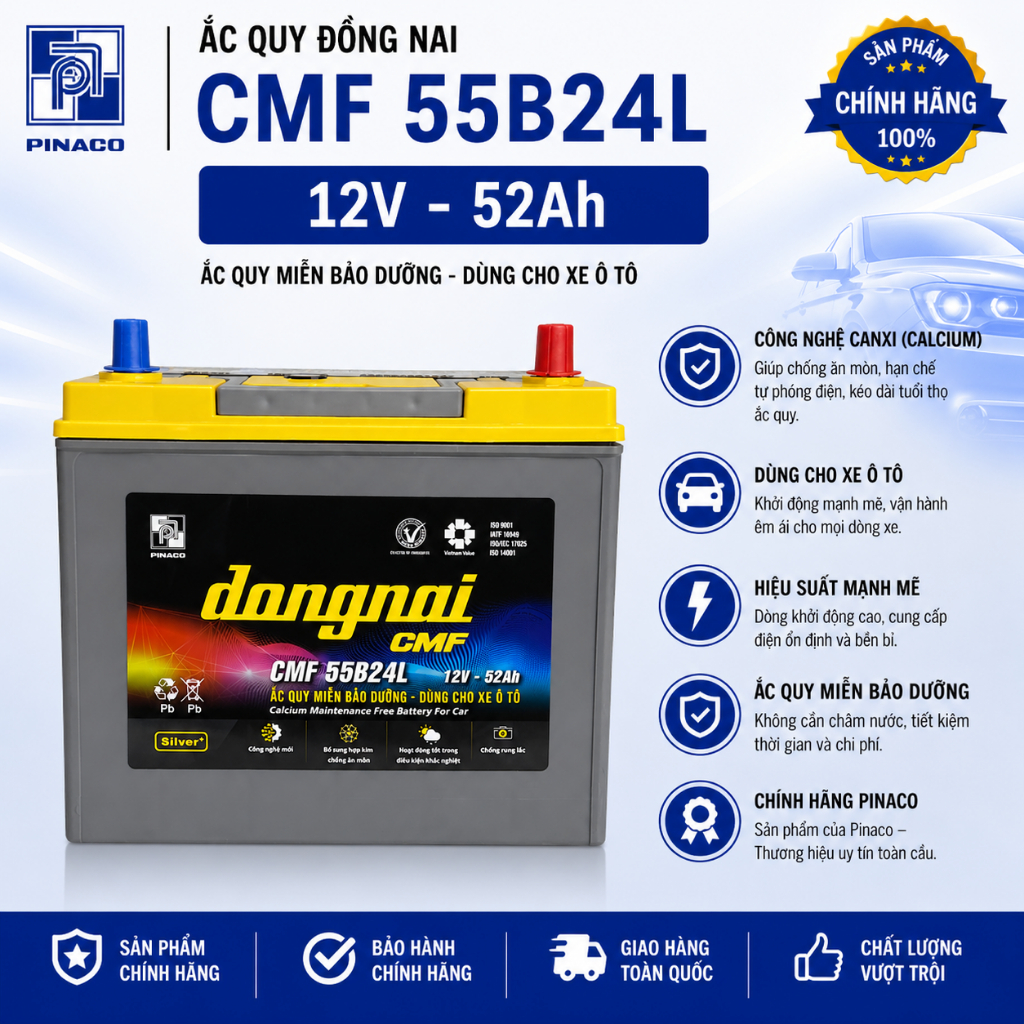 ắc quy 12v miễn bảo dưỡng đồng nai CMF 55B24L (12V, 52ah) cọc nhỏ, sài cho xl7, xpander, city, etiga