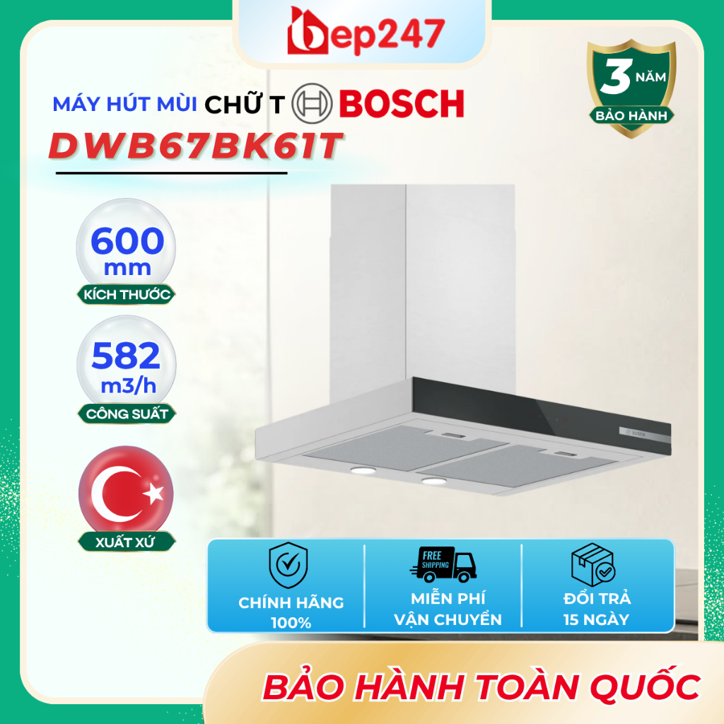 Máy Hút Mùi Bosch DWB67BK61T Series 4 Gắn Tường 60cm Cảm Ứng Hút Mạnh 779m³/h Kính Đen Chính Hãng