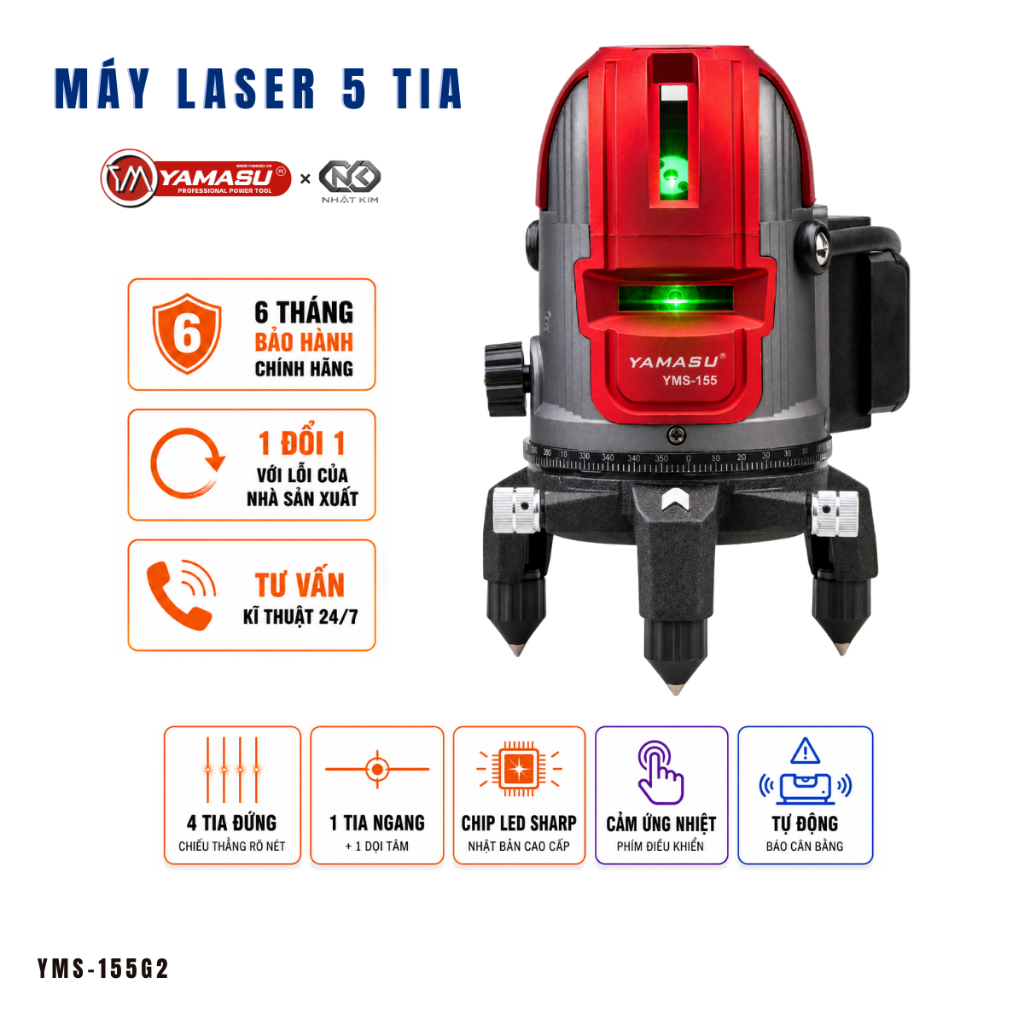Máy Cân Bằng Laser 5 Tia Xanh YAMASU Tia Xanh Siêu Sáng Chính Hãng Cân Bằng Tự Động YMS-155G2