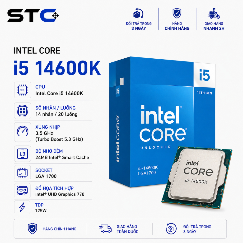 [Full VAT] CPU Intel Core i5 14600K Tray - Mới 100% - Bảo hành 3 Năm