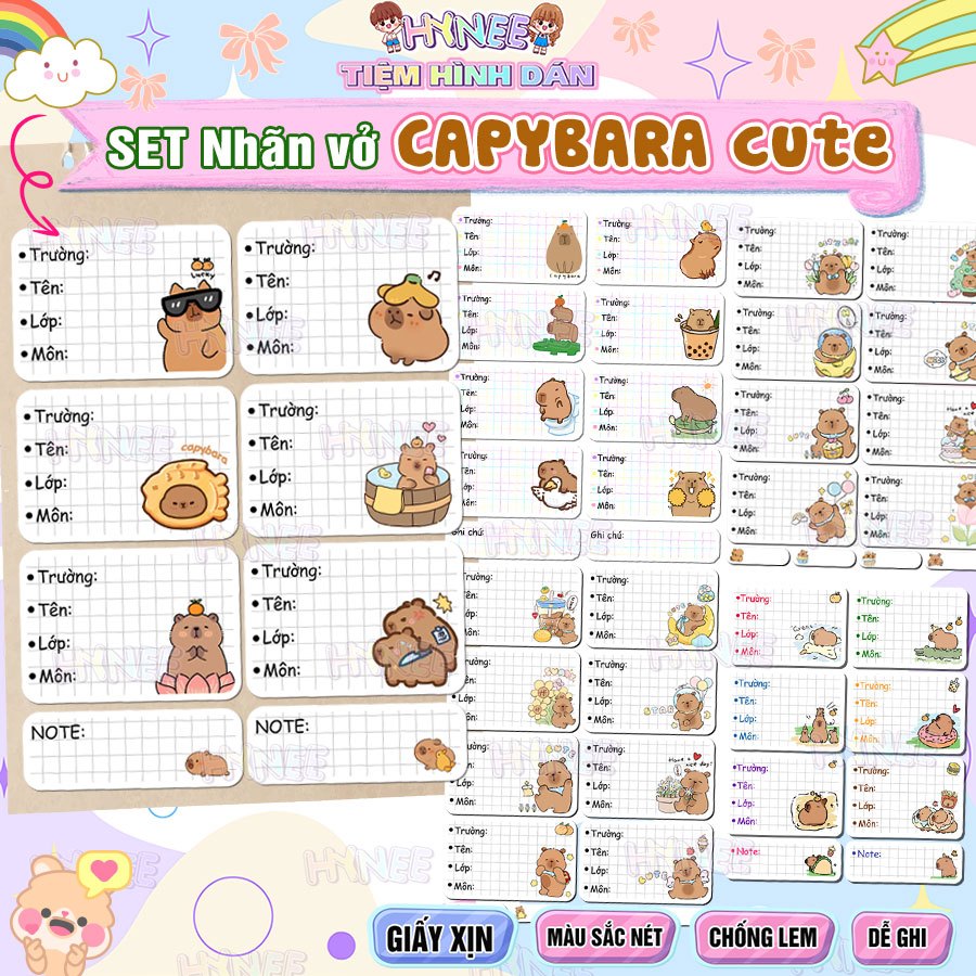 Nhãn Vở Capybara, Nhãn Dán Vở Cute, MeMe - Giấy Nhãn Capybara, Nhãn tên Capy Dán Cắt Sẵn - Sticker C