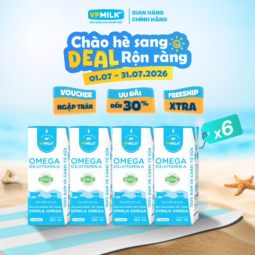 [Combo 6 lốc]Sữa Dinh Dưỡng Tiệt Trùng VPMilk Omega ÍT ĐƯỜNG dạng HỘP 180ml (4 hộp x 6)