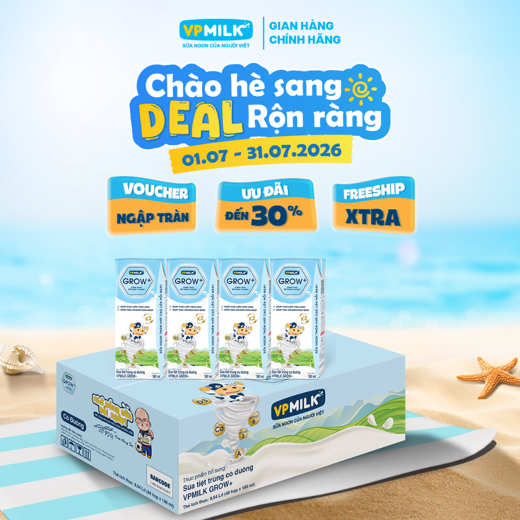 Sữa tiệt trùng VPMilk Grow+ hộp 180ml (thùng 48 hộp)