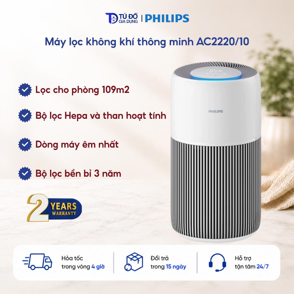Máy lọc không khí thông minh AC2220/10 - Lọc cho phòng rộng tới 109m2 | Bộ lọc HEPA 3 lớp bền bỉ