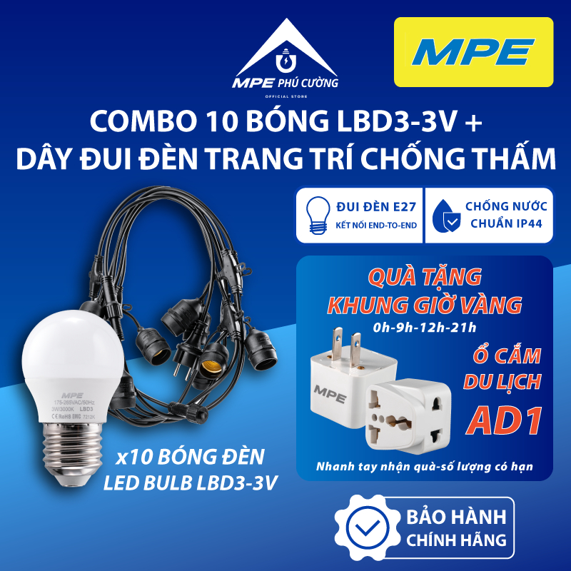 (CHÍNH HÃNG) MPE - Combo 10 bóng chống ẩm + Dây đui đèn trang trí ngoài trời chống nước Chính hãng M