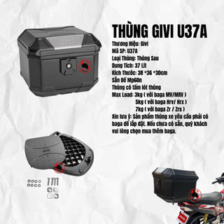 Thùng Givi U37A Logo Bạc Nhôm Thùng Sau Vuông 37 Lít Chính Hãng có Đế