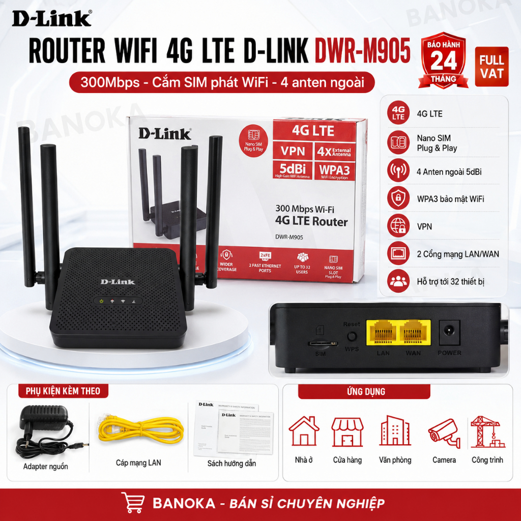 Router WiFi 4G LTE D-Link DWR-M905 300Mbps 4 Anten 5dBi Cắm Nano SIM, WPA3, VPN