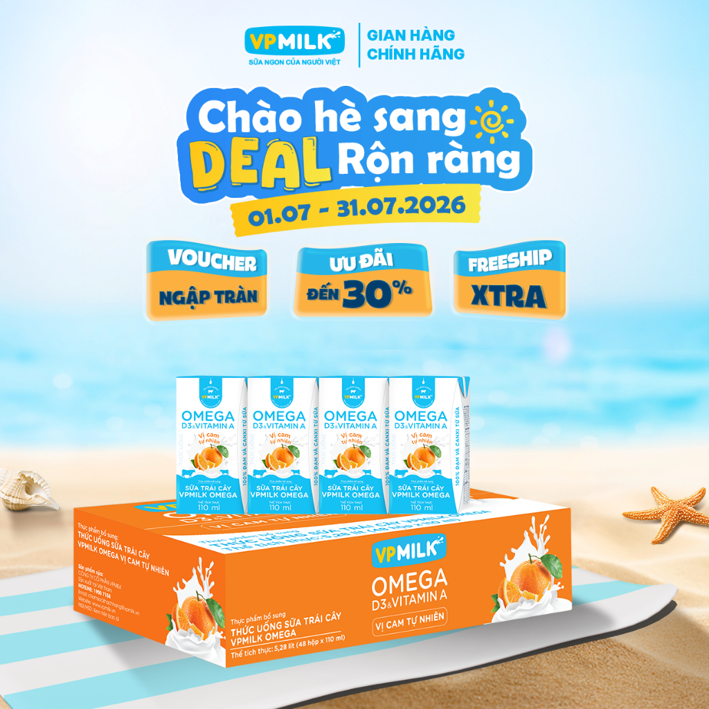 Sữa trái cây VPMILK Omega vị CAM tự nhiên hộp 110ml (Thùng 48 hộp)