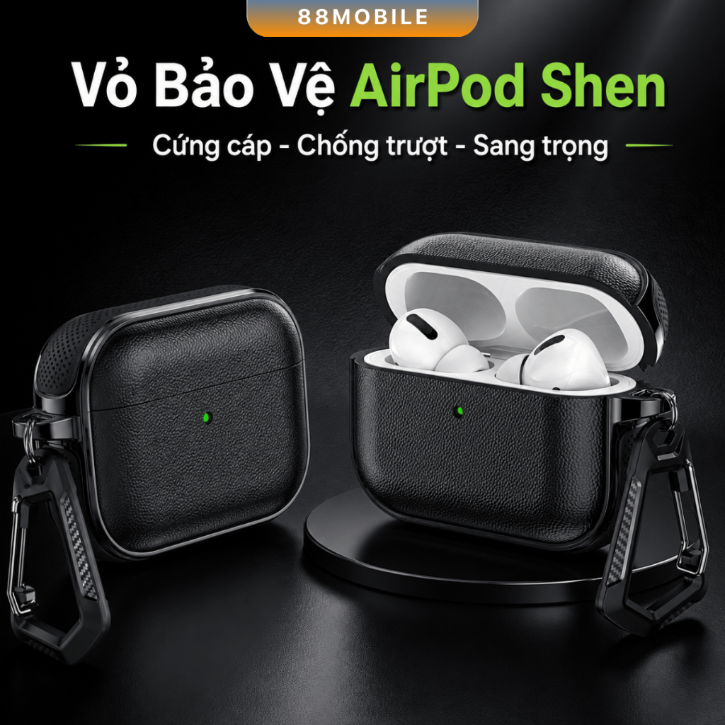 Vỏ Bảo Vệ Ốp AirPod Shen Vân Da Chống Trượt Chống Trầy Sạc Không Dây I 88Mobile