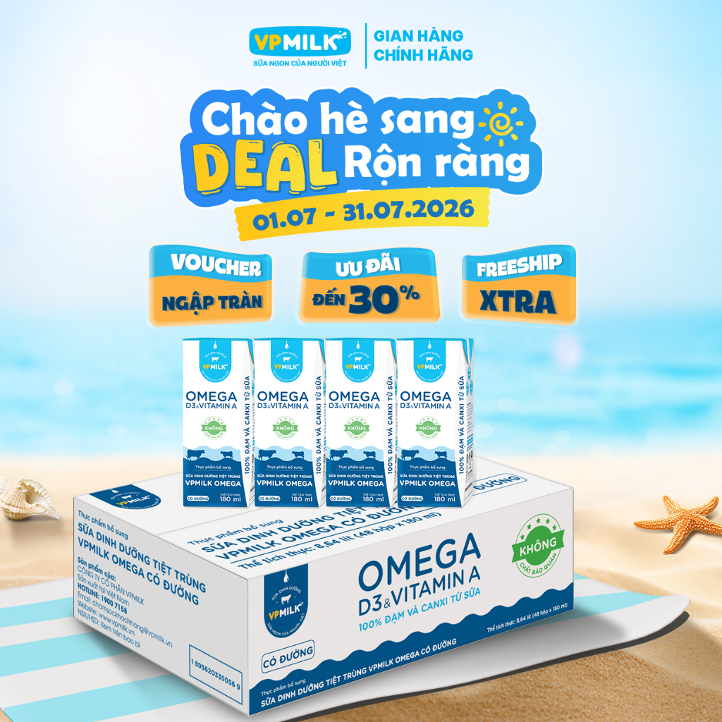 Sữa Dinh Dưỡng Tiệt Trùng VPMilk Omega Có Đường dạng hộp 180ml (thùng 48 hộp)