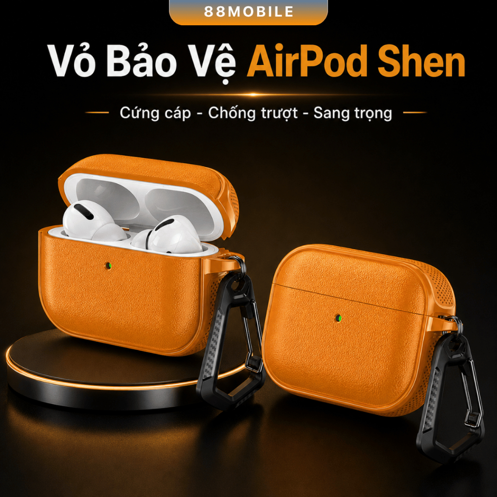 Vỏ Bảo Vệ Case AirPod Shen Vân Da, Sạc Không Dây, Chống Sốc, Chống Trượt I 88Mobile
