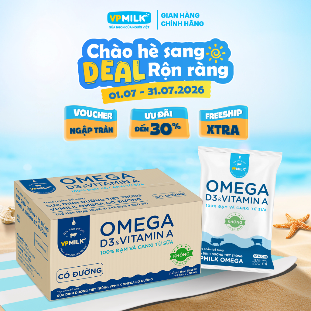 (Chỉ giao HCM) Sữa dinh dưỡng tiệt trùng VPMilk Omega BỊCH 220ml (thùng 48 bịch)
