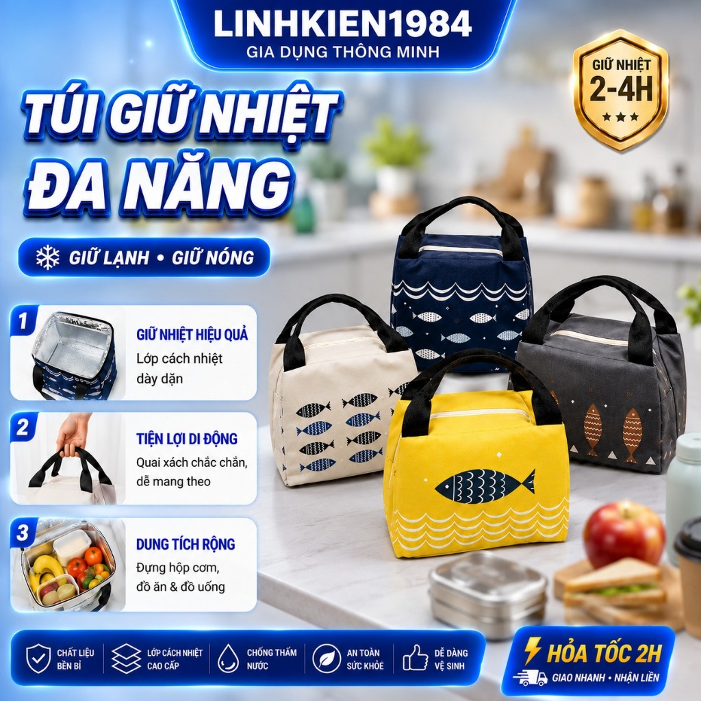 Túi giữ nhiệt đựng cơm, túi đựng hộp cơm văn phòng chống thấm nước có quai xách tiện dụng