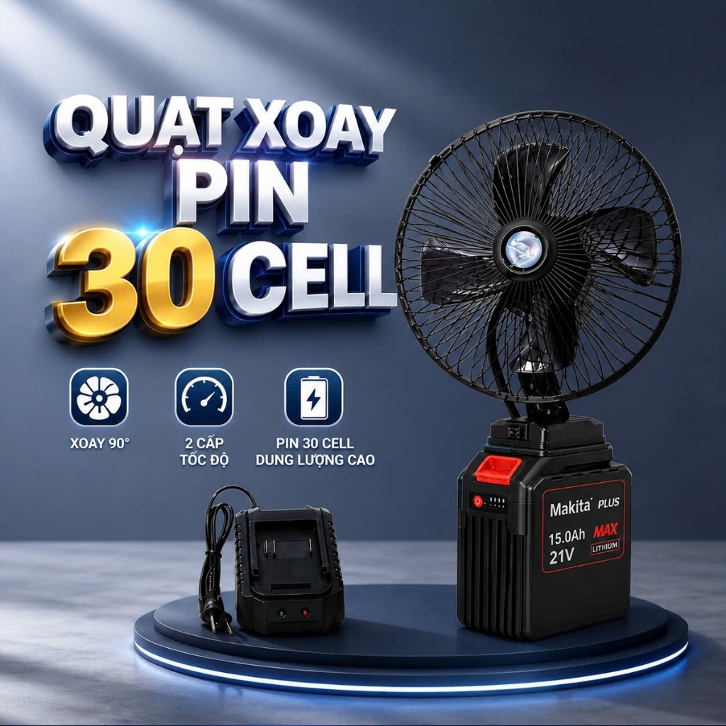 Combo Quạt Pin 30cell, Quạt Pin 8 Inch 2 Lấc Chỉnh Gió, Có Lấc Quay Đảo Chiều Sử Dụng Chân Pin Phổ T