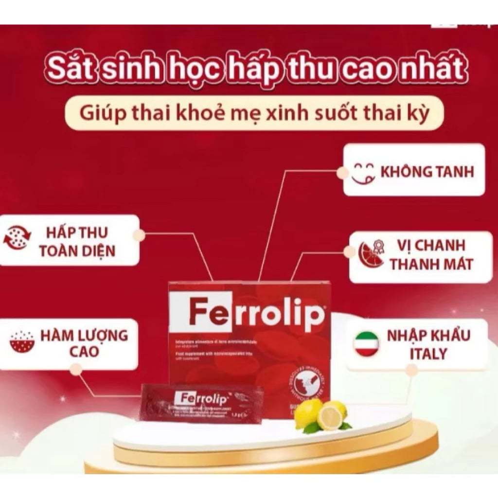 Sắt Hữu Cơ Ferrolip Hộp 20 Gói Vị Chanh