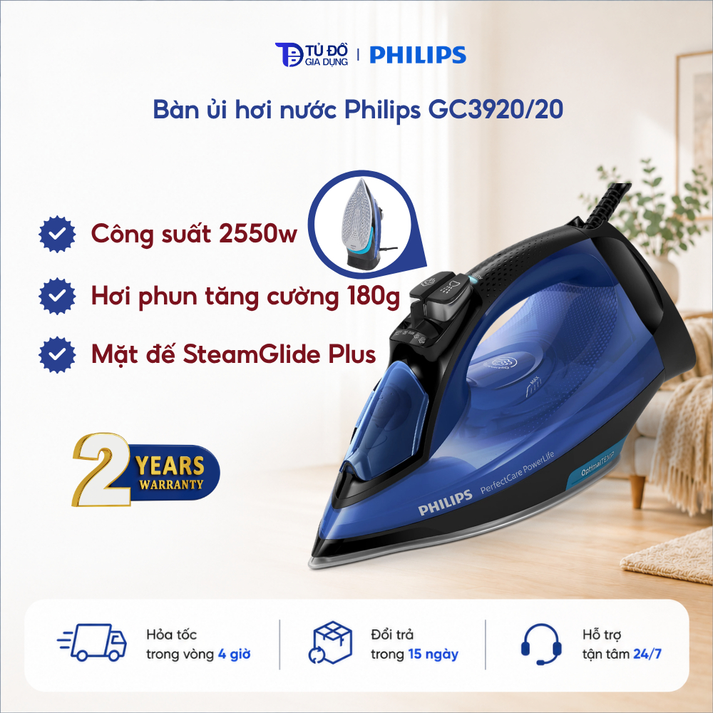 Bàn ủi hơi nước Philips GC3920/20 | Công suất 2500w | Ủi được mọi loại vải | Mặt đế SteamGlide Plus