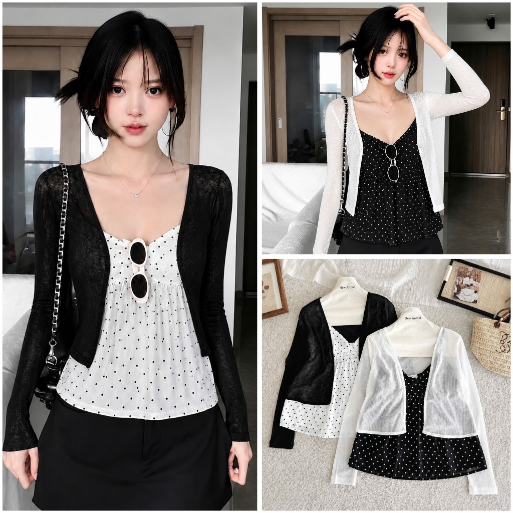 Set Áo 2 Dây Chấm Bi Dáng Babydoll Kèm Cardigan Mỏng Dài Tay Nữ Phong Cách Hàn Quốc Hàng Loại 1 - 27