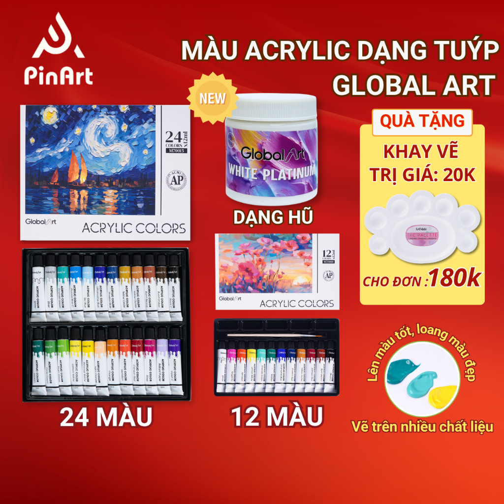 Màu Nước Acrylic Dạng Tuýp 12ml Global Art Vẽ Trên Nhiều Chất Liệu, Màu Tươi Sáng, Chống Nước, Chồng