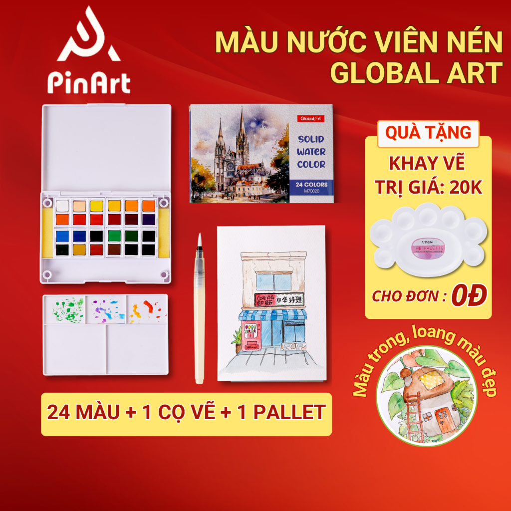 Màu Nước Dạng Nén Cao Cấp GLOBAL ART Màu Nước 24 Màu, Loang Màu Tốt, Kèm Bút Vẽ, Chuyên Nghiệp M7002