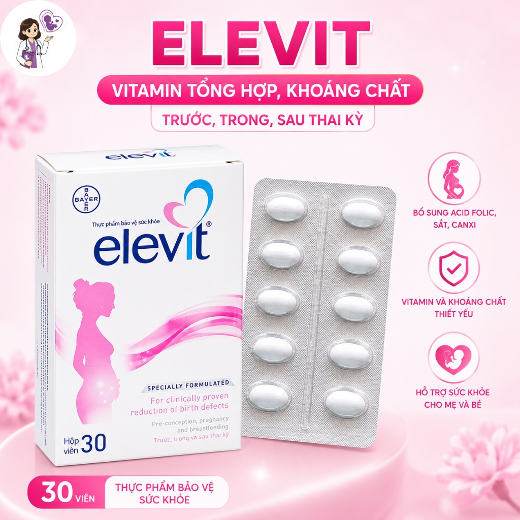 Elevit Bayer mẹ Bầu bổ sung Acid Folic, Sắt, Canxi, 11 Vitamin tổng hợp và khoáng chất 30 Viên ND