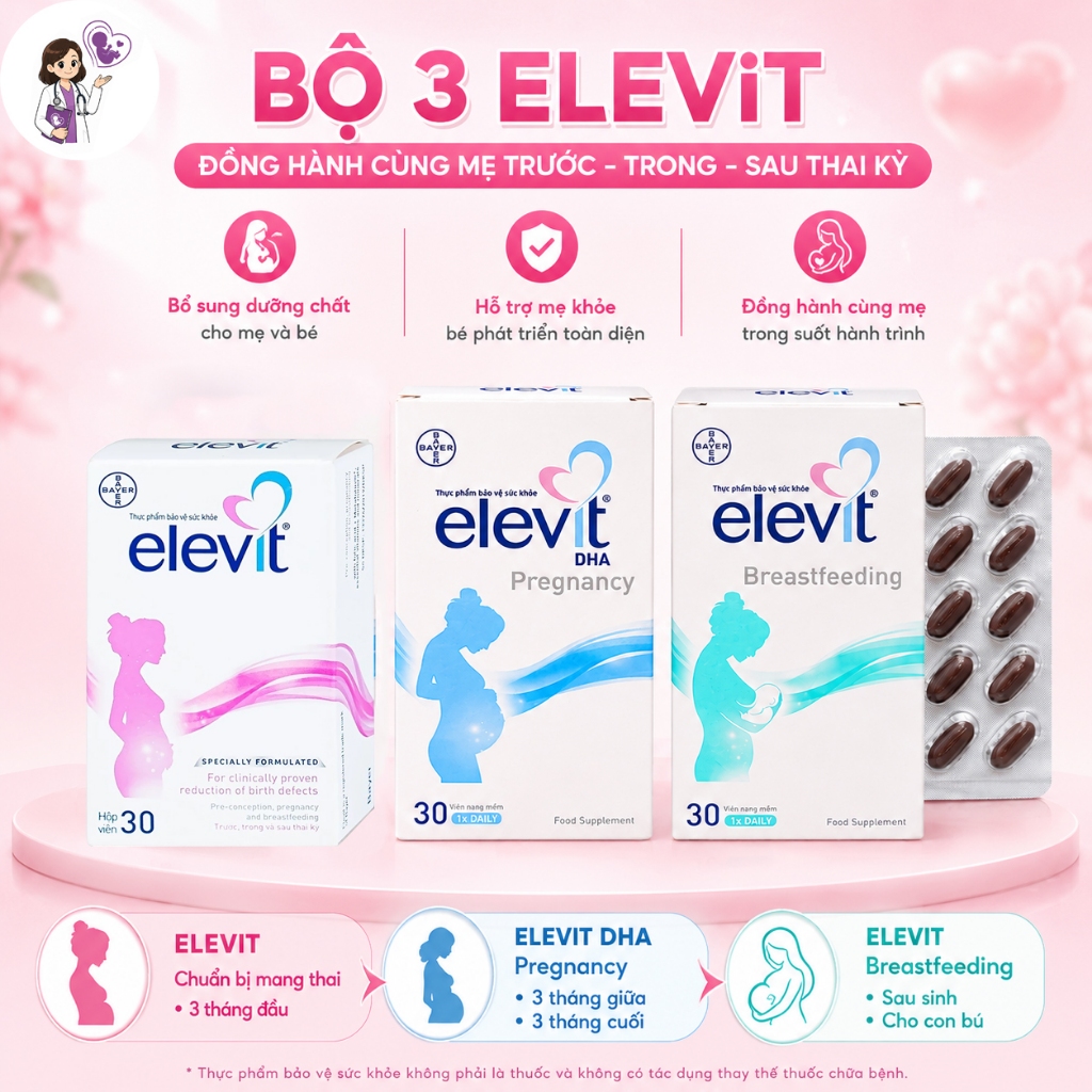 Bộ 3 Elevit mẹ Bầu trước trong thai kì, sau sinh bổ sung Vitamin tổng hợp, DHA, EPA khoáng chất ND