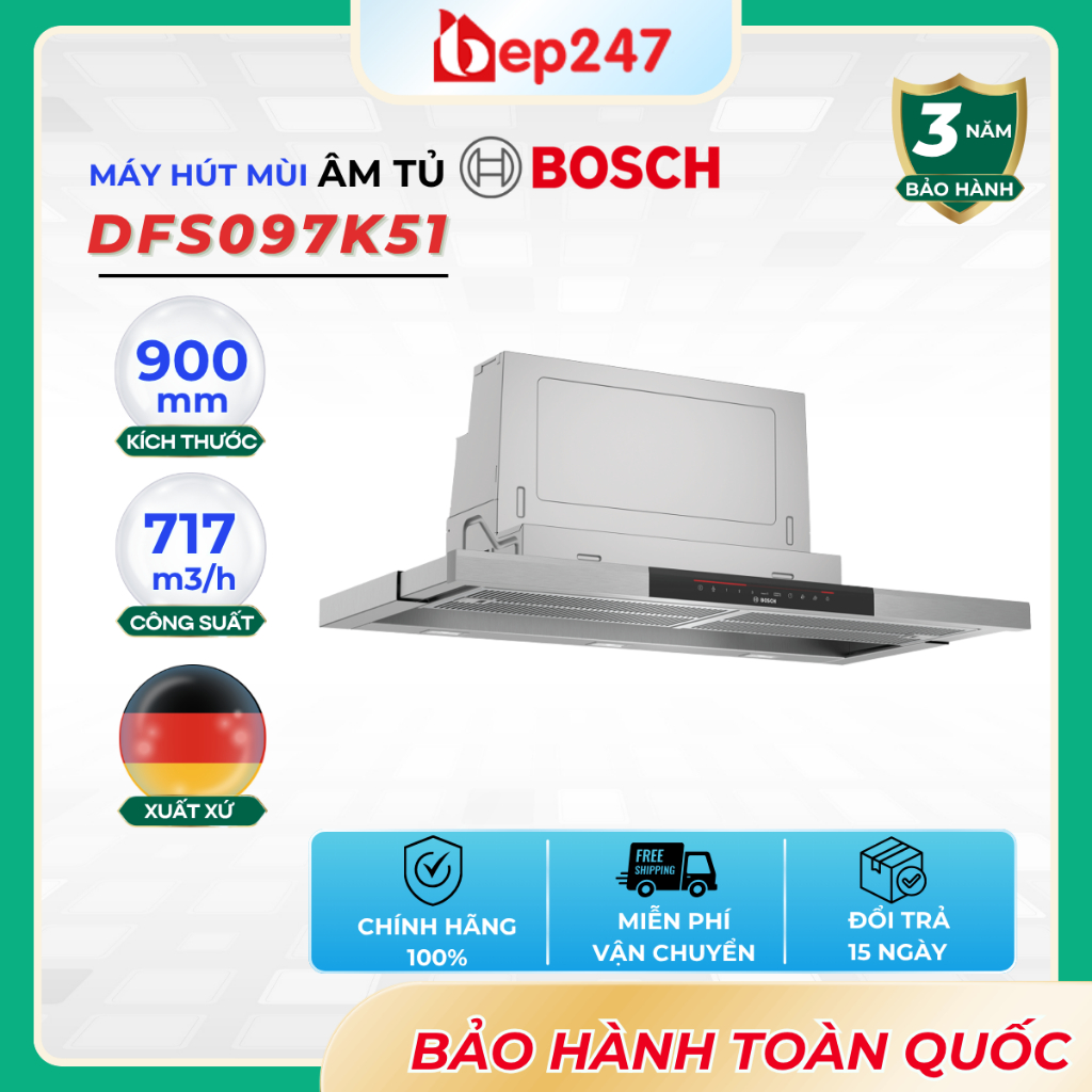 Máy Hút Mùi Bosch DFS097K51 Âm Tủ 90cm Serie 8 Động Cơ EcoSilence Công Suất 700m³/h Chính Hãng