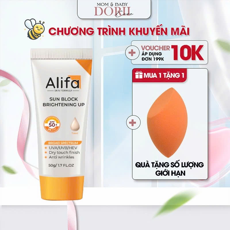 Alifa Kem Chống Nắng Nâng Tone Sun Block Brightening Up SPF50+ PA+++ Kiềm Dầu Dưỡng Sáng Da 50g tặng