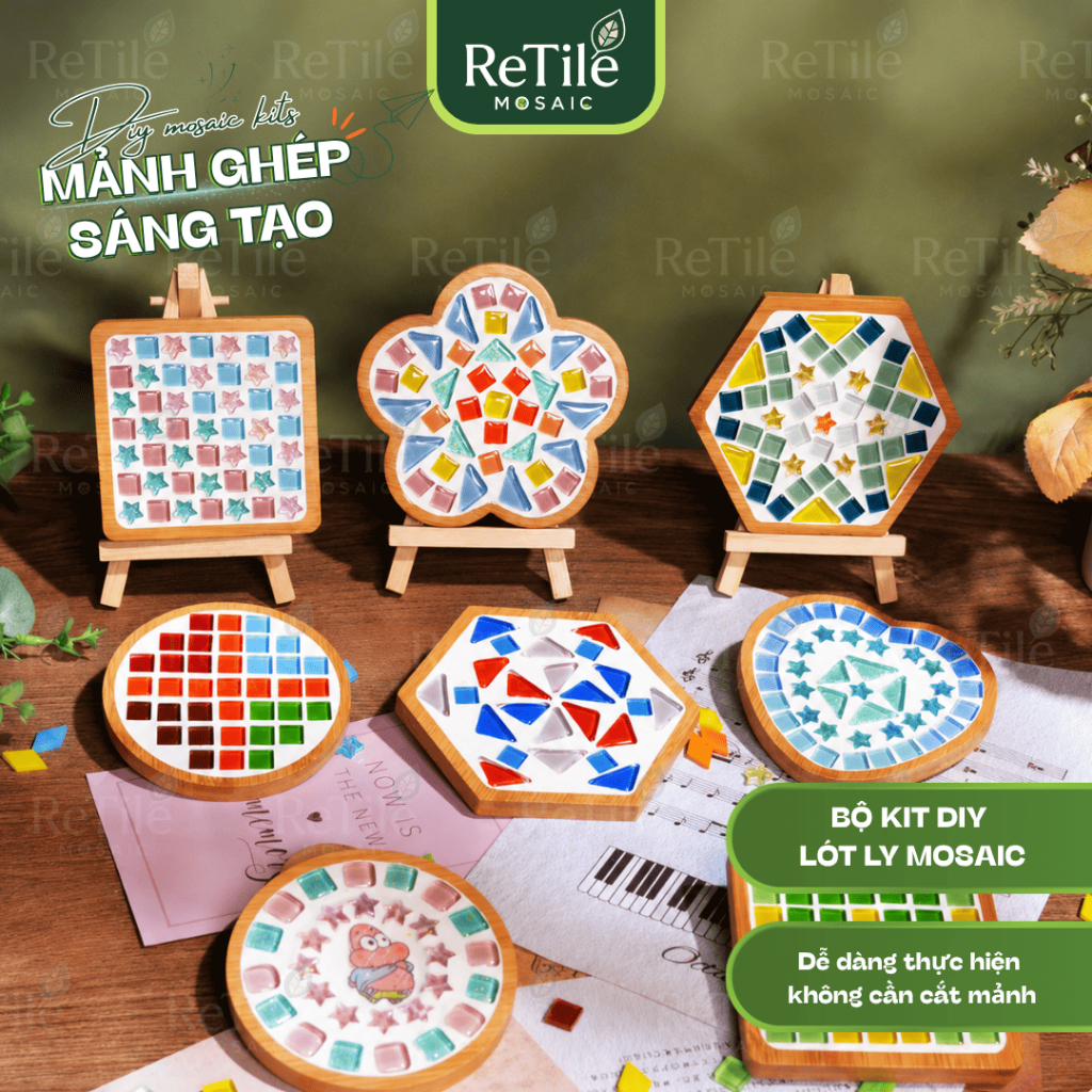 Bộ KIT lót ly khảm đá Mosaic, lót ly mosaic, set đồ chơi tự làm tranh khảm đá ReTile Mosaic - quà tặ