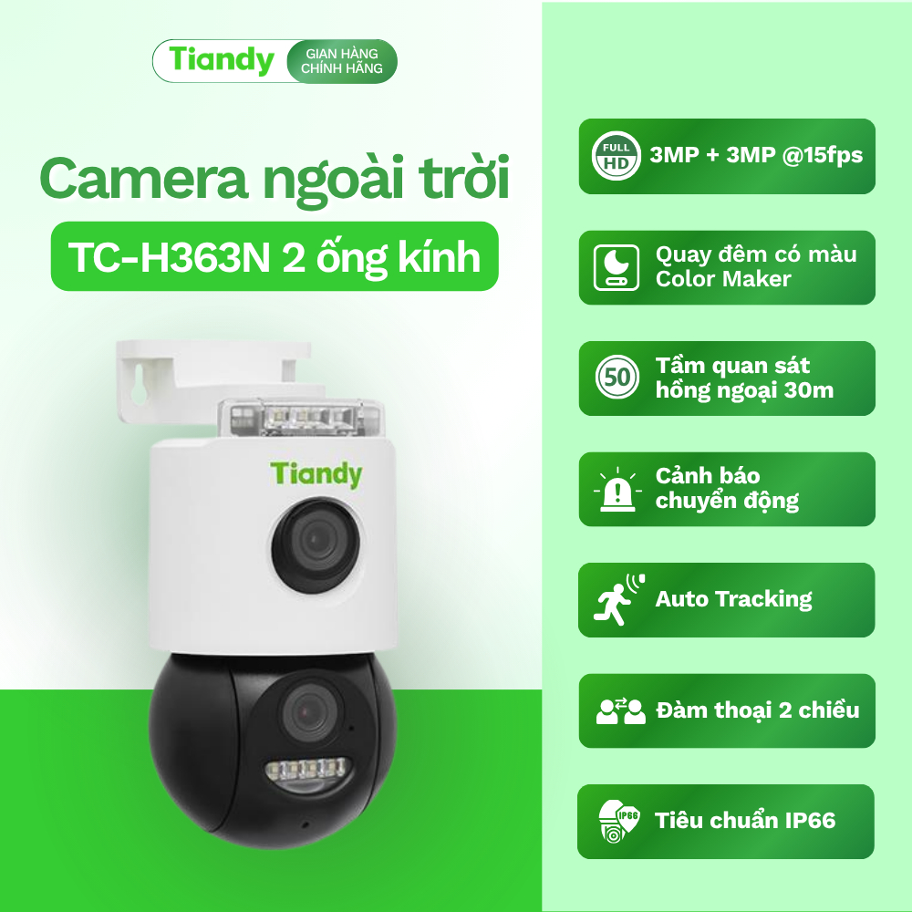 CAMERA NGOÀI TRỜI H363N CHÍNH HÃNG TIANDY độ phân giải 3MP + 15fps quay đêm có màu cảnh báo chuyển đ