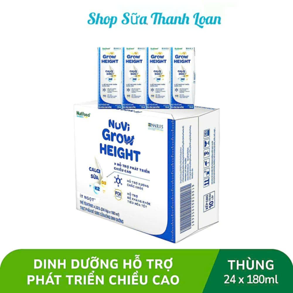 [HSD T1-2027] Thùng 12/ 24 Hộp Sữa Bột Pha Sẵn Nutifood NUVI GROW HEIGHT Ít Đường 180ml.