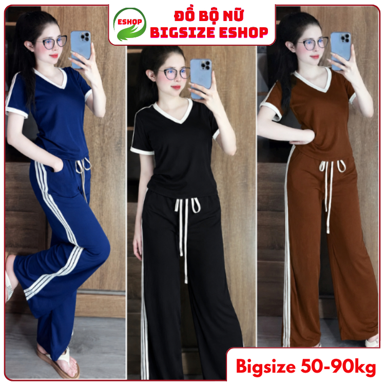 Đồ Bộ Nữ Bigsize ESHOP MS909 Áo Cổ Tim Cổ V Tay Lửng Phối Quần Ống Suông Cạp Cao Thun Gân 45-80kg