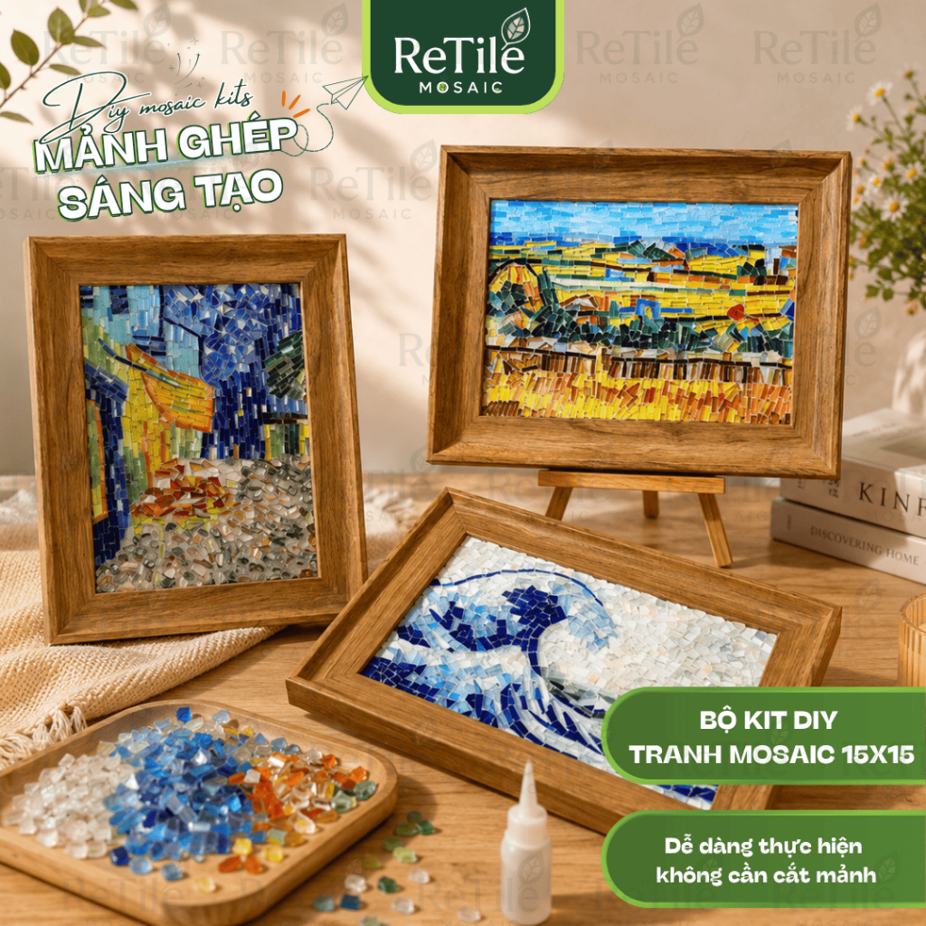 Bộ KIT khung tranh khảm đá Mosaic, khung tranh gỗ mosaic, set đồ chơi tự làm tranh khảm đá ReTile Mo