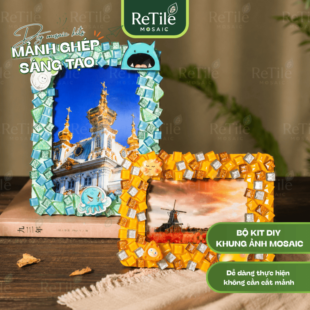 Bộ KIT khung đựng ảnh khảm đá Mosaic, khung đựng ảnh mosaic, set đồ chơi tự làm tranh khảm đá ReTile