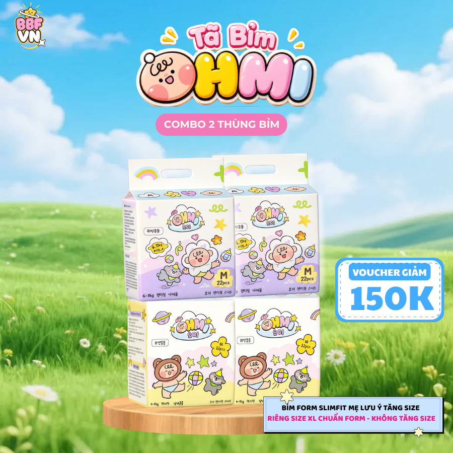 COMBO 2 Thùng Bỉm OHMI Hàn Quốc Siêu Mềm Mịn, Thấm Hút, Khô Thoáng 12H Cho Bé Size NB Tới XXL
