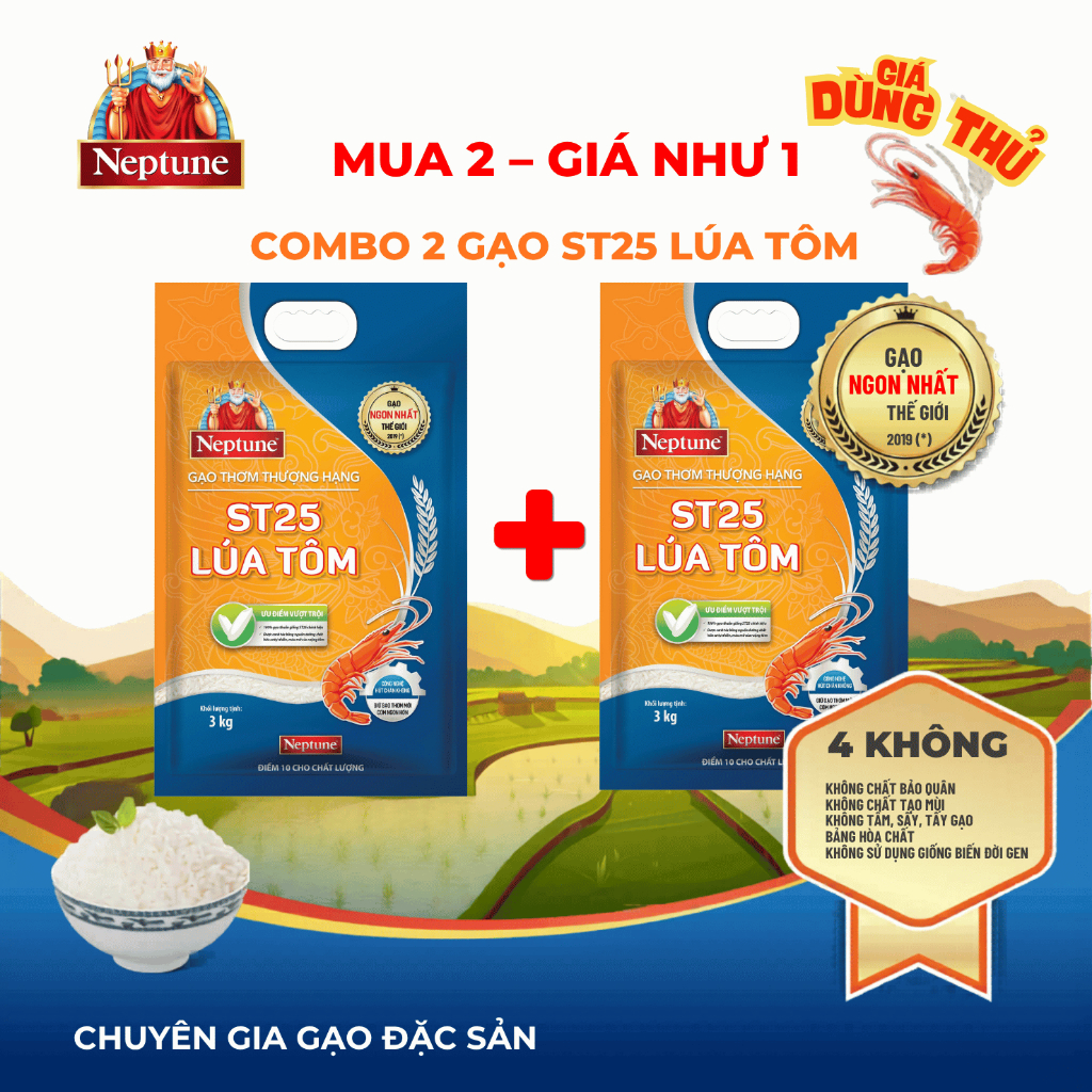 Gạo thơm Thượng Hạng Neptune ST25 Lúa Tôm 3kg