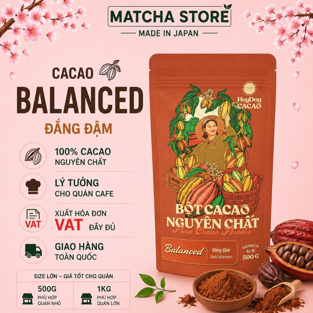 Bột cacao Heyday nguyên chất 100%, Bột cacao Heyday dòng Balanced - Cacao Heyday Túi giấy 500g/200g