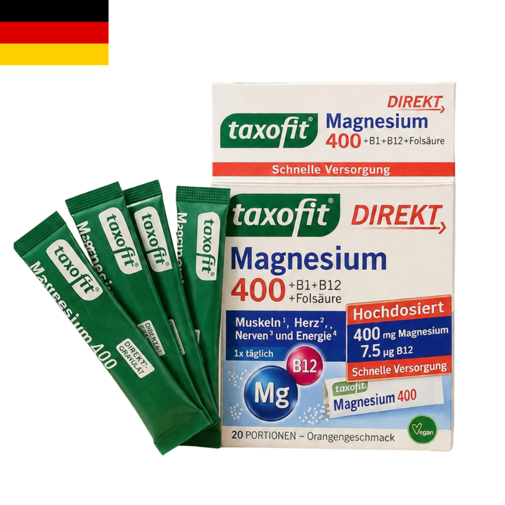 TAXOFIT MAGNESIUM 400 + B1 + B12+ FOLSÄURE- Hộp 20 gói DẠNG BỘT UỐNG