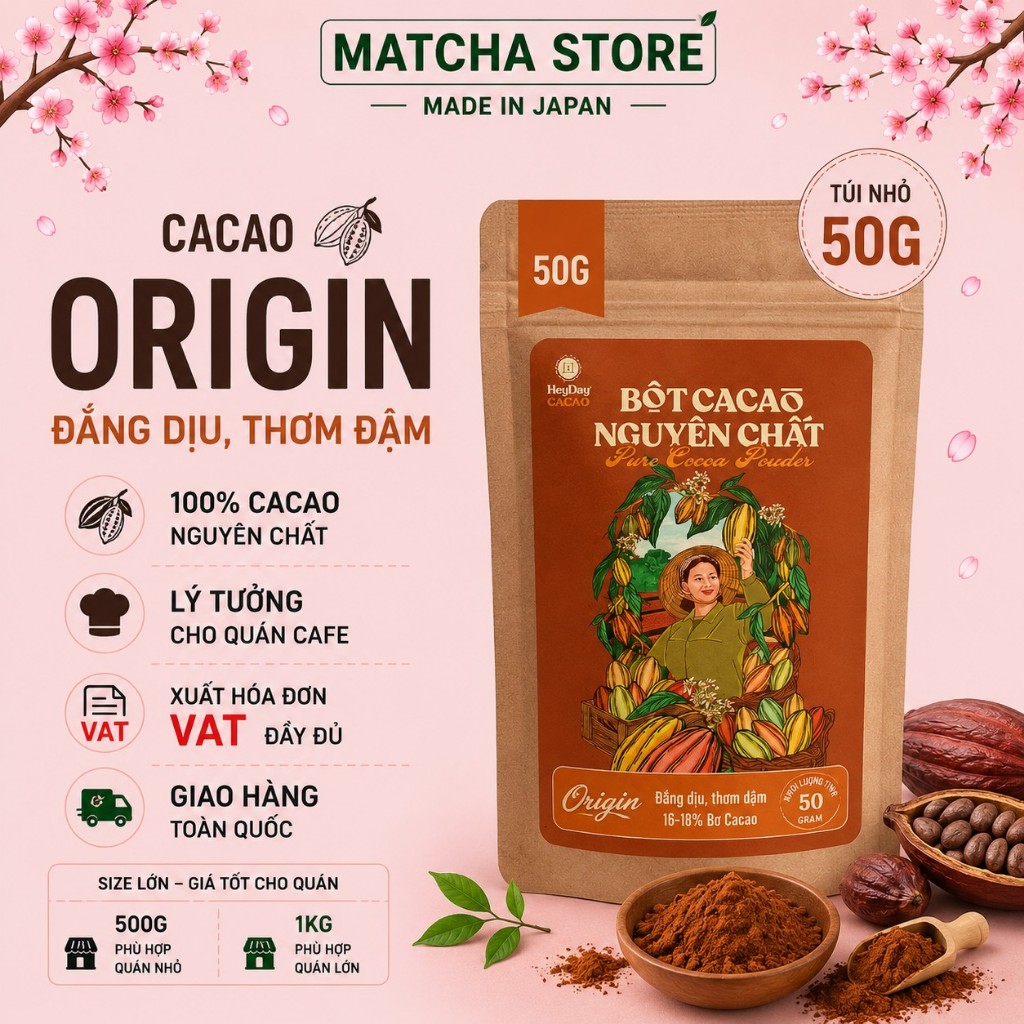 Bột cacao Heyday nguyên chất 100% không đường - Cacao Heyday dòng Origin thượng hạng - Túi 50g/250g