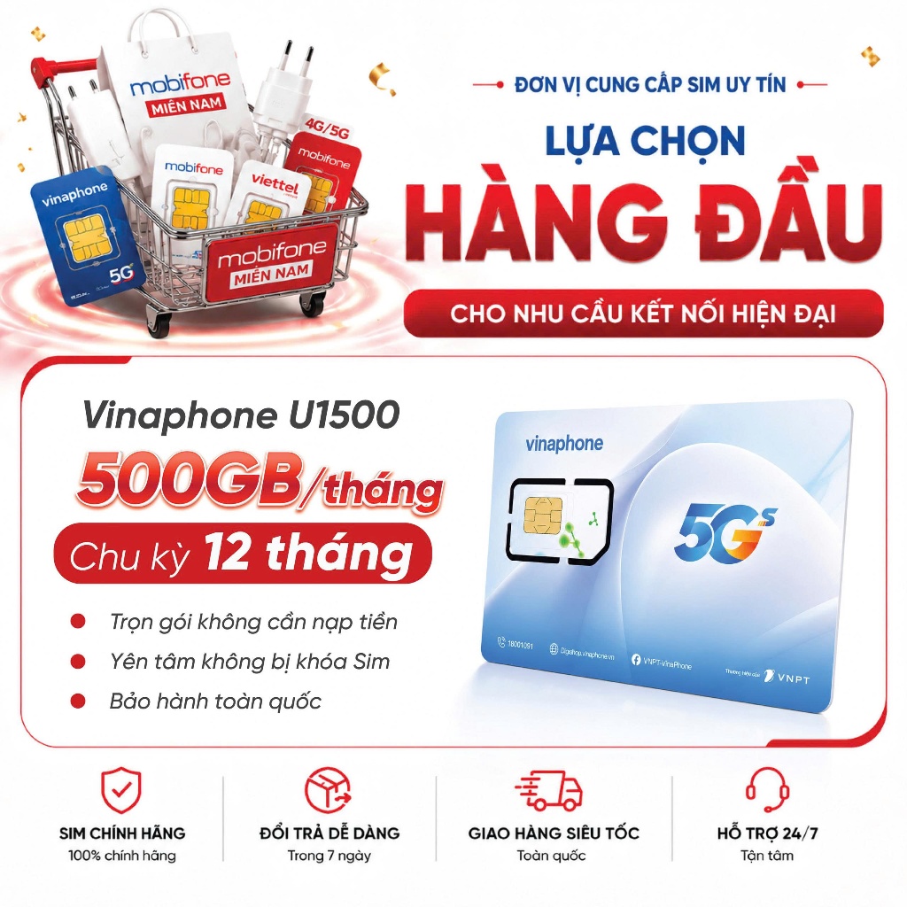 🌟[U1500 17GB/Ngày] Sim Data VinaPhone U1500 trọn gói 12 tháng hơn 6000GB/năm hỗ trợ eSIM
