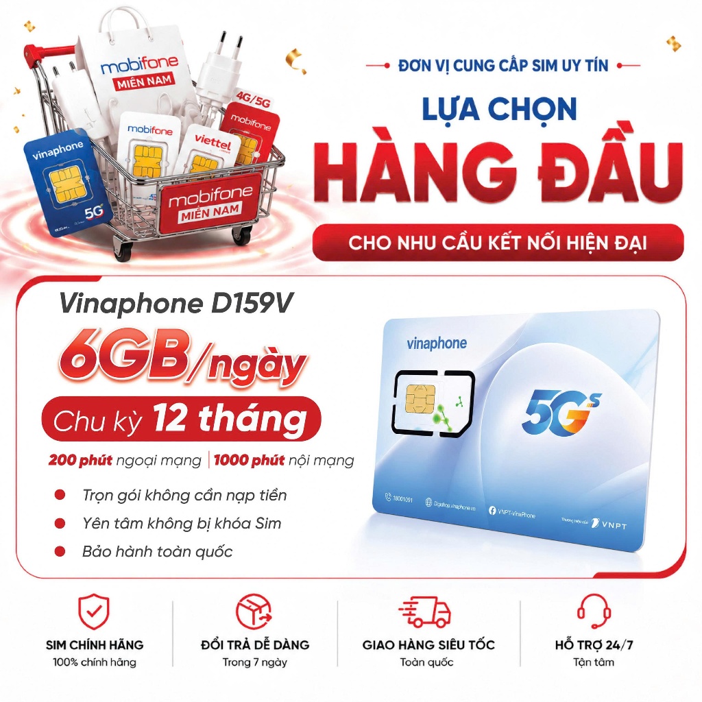 🌟[D159V 6GB/ngày] Sim 5G Vinaphone 12D159V |Miễn Phí 6GB/ngày 200p ngoại mạng 1500p nội mạng x 1 năm