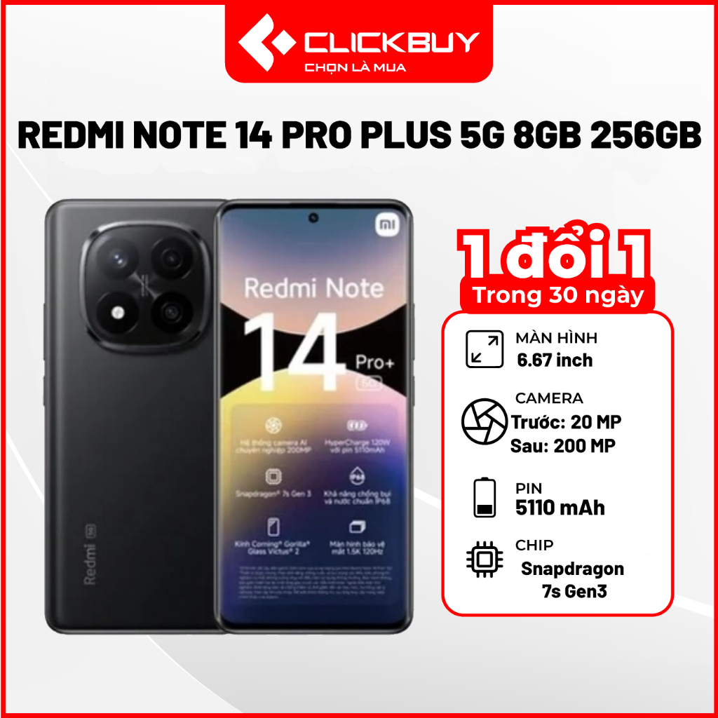 Điện Thoại Redmi Note 14 Pro Plus 5G 8GB/256GB Camera 200MP Snapdragon 7s Gen 3 Sạc 120W Chính Hãng