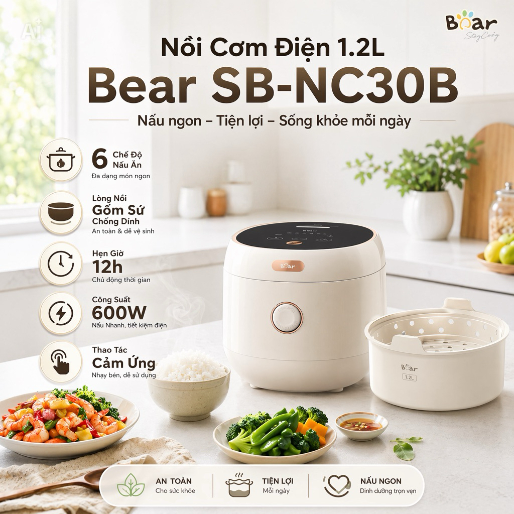 Nồi Cơm Điện 1,2 Lít Bear SB-NC30B