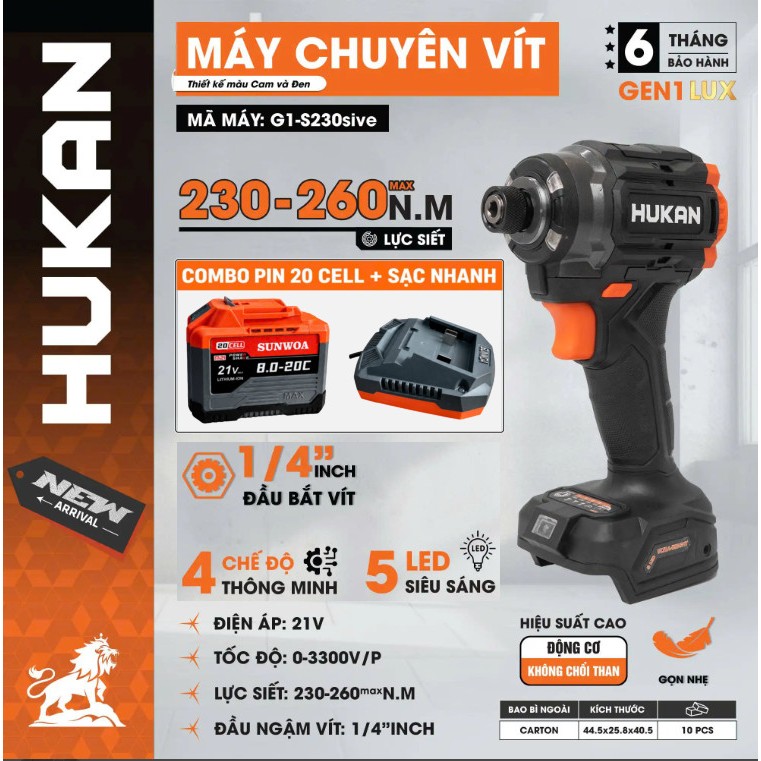 Máy chuyên vít pin HUKAN G1-S230sive, Lực siết 230-260Nm, 4 Chế độ thông minh, 5 đèn LED