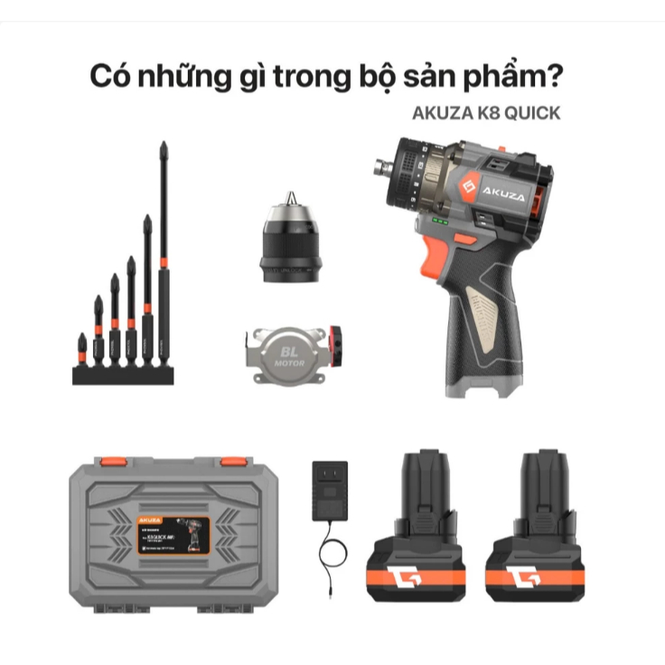 Máy Khoan AKUZA K8 QUICK Đầu 4 trong 1 - Có Búa - Ngậm vít nhanh - đầu auto lock