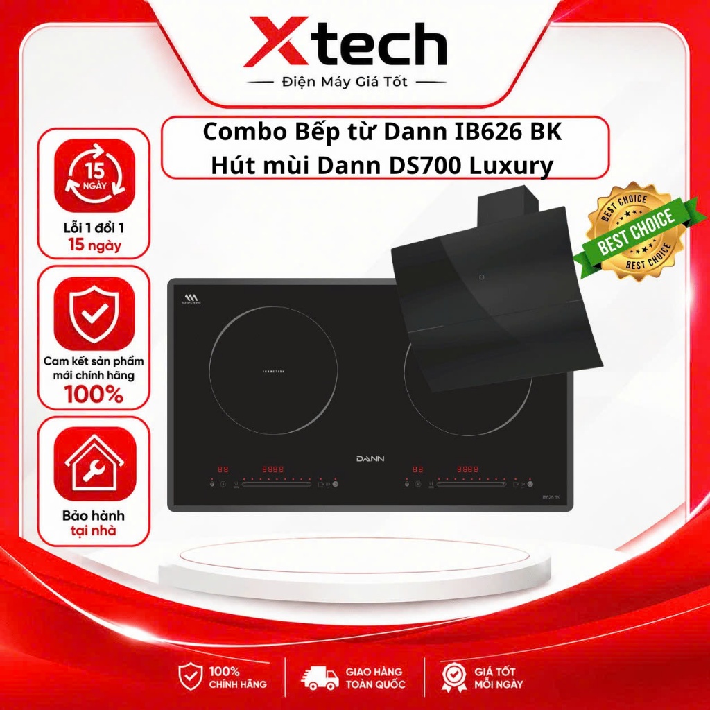 Combo Bếp từ Dann IB626 BK + Máy hút mùi Dann DS700 Luxury