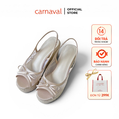 Sandal Đế Xuồng Nữ Carnaval Quai Hậu Phối Ren Nơ Xinh, Đế Cói Cao 9cm Tôn Dáng Êm Chân - VS218