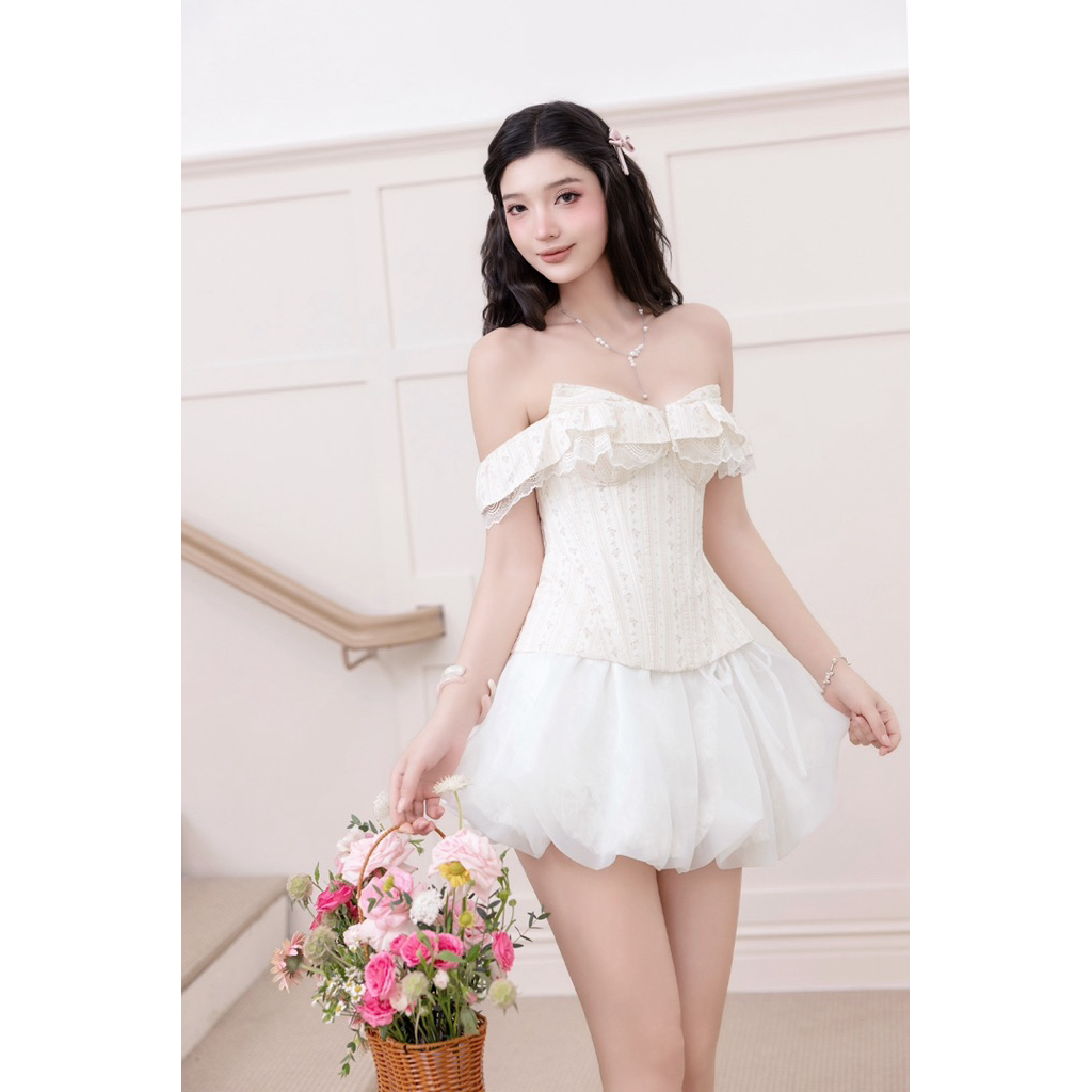 La.Petite.Lin - ( Sẵn L & S ChânVáy)Áo kiểu trễ vai hoa nhí corset vintage -Amélie Corset