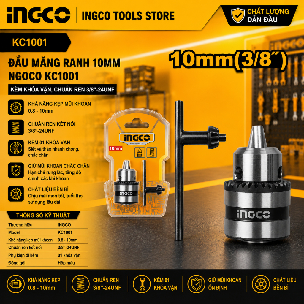 Đầu Kẹp Mũi Khoan 10mm INGCO KC1001 Kèm Khóa Vặn, Ren 3/8"-24UNF