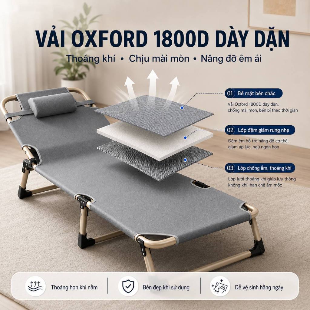 Giường Xếp Gấp Gọn Cho Phòng Nhỏ Giường Ngủ Trưa 1 Người Khung Ống Tròn Chắc Chắn Vải Oxford 600D | BigBuy360 - bigbuy360.vn