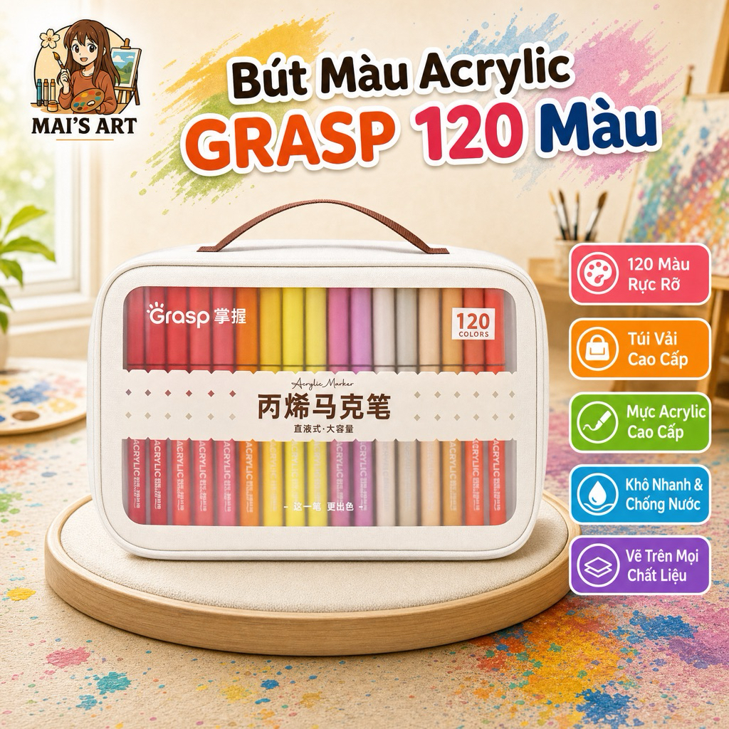 Bộ 120 Marker Acrylic Grasp Ngòi Brush - Vẽ Mọi Chất Liệu - MAI'S ART